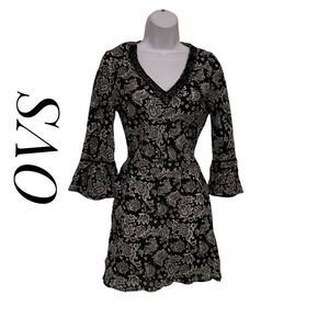 OVS Small Italian Cotton Tunic Bikini Coverup Dress Black White Floral Paisely P